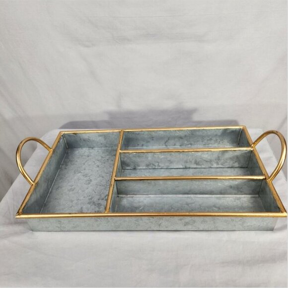 alvanized Divided Organizer Tray Silver with Gold Trim Handles Silver Ware - Picture 2 of 6